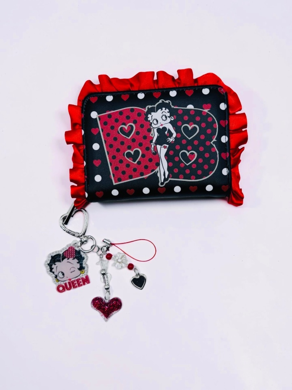Betty Boop Ruffle Zip Wallet w/ Handmade Charm Set – Black Red Hearts Polka Dot